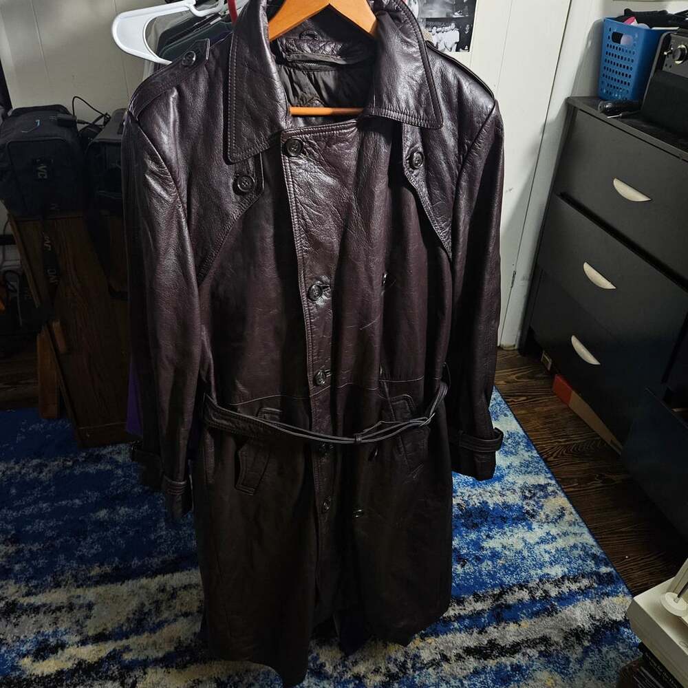Vintage Berman's Maroon Leather Belted Trench Coat Designer Made in Korea